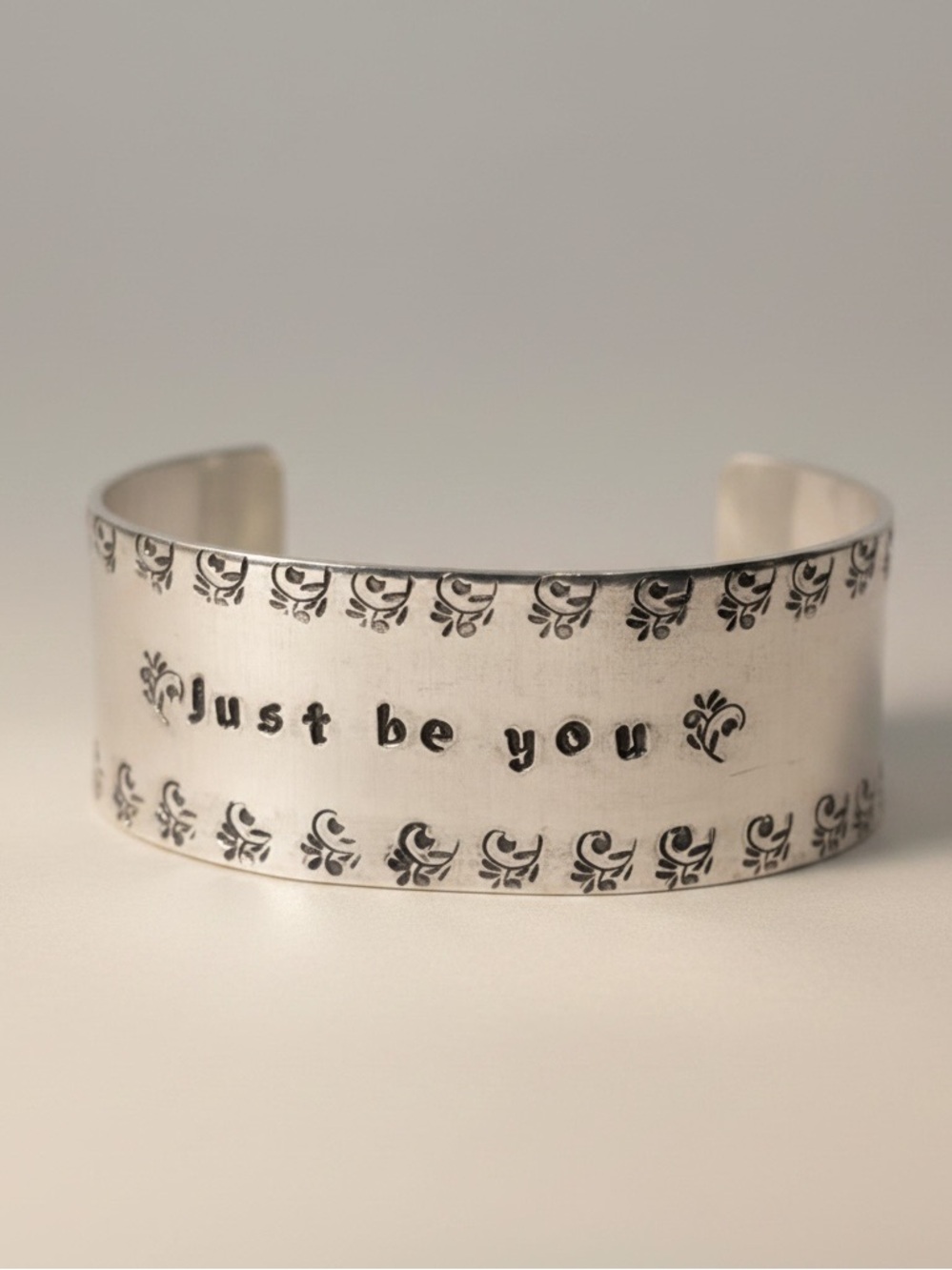 Handmade stamped floral border motivational silver adjustable wide cuff bracelet